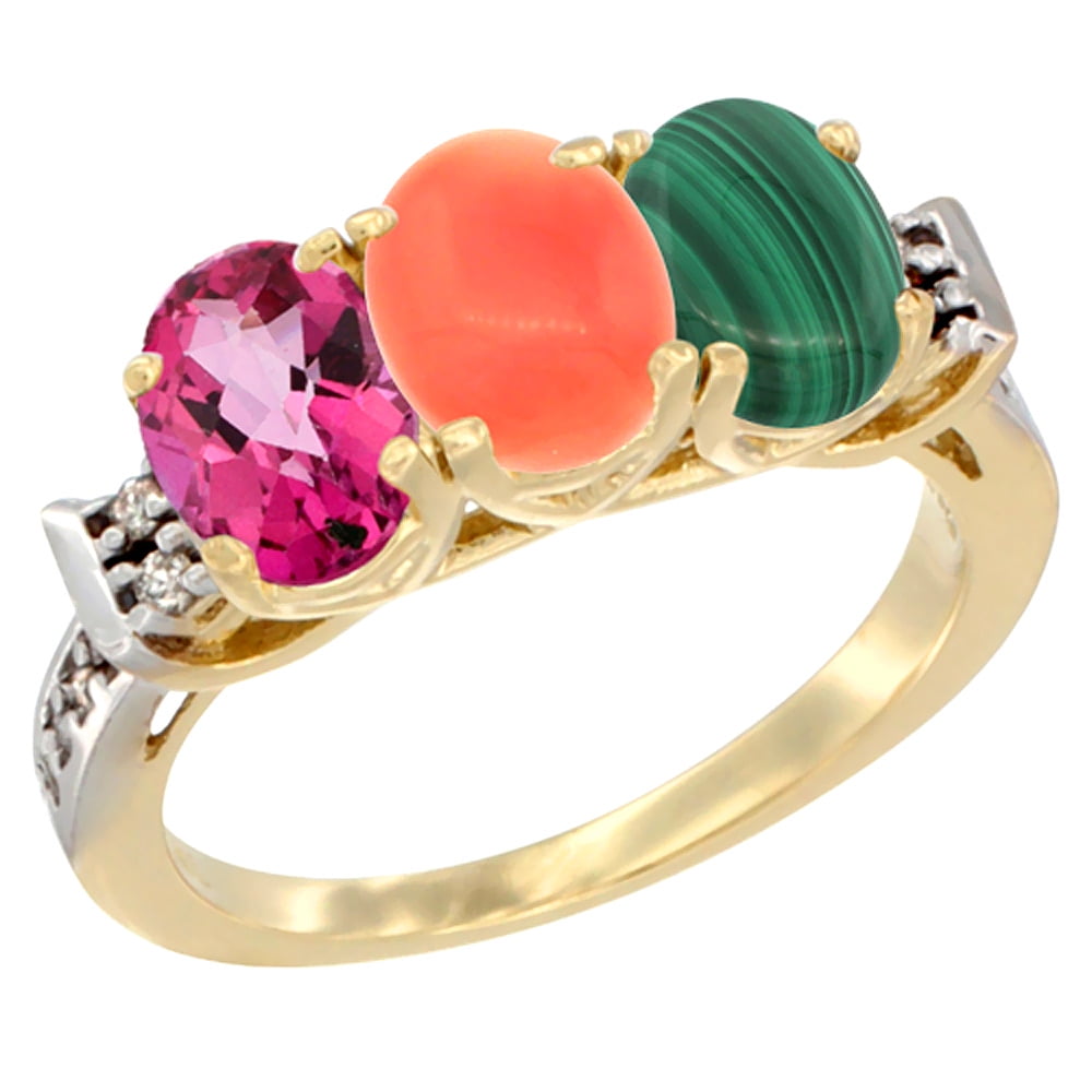 10K Yellow Gold Natural Pink Topaz, Coral & Malachite Ring 3-Stone Oval 7x5 mm Diamond Accent, sizes 5 10 by WorldJewels