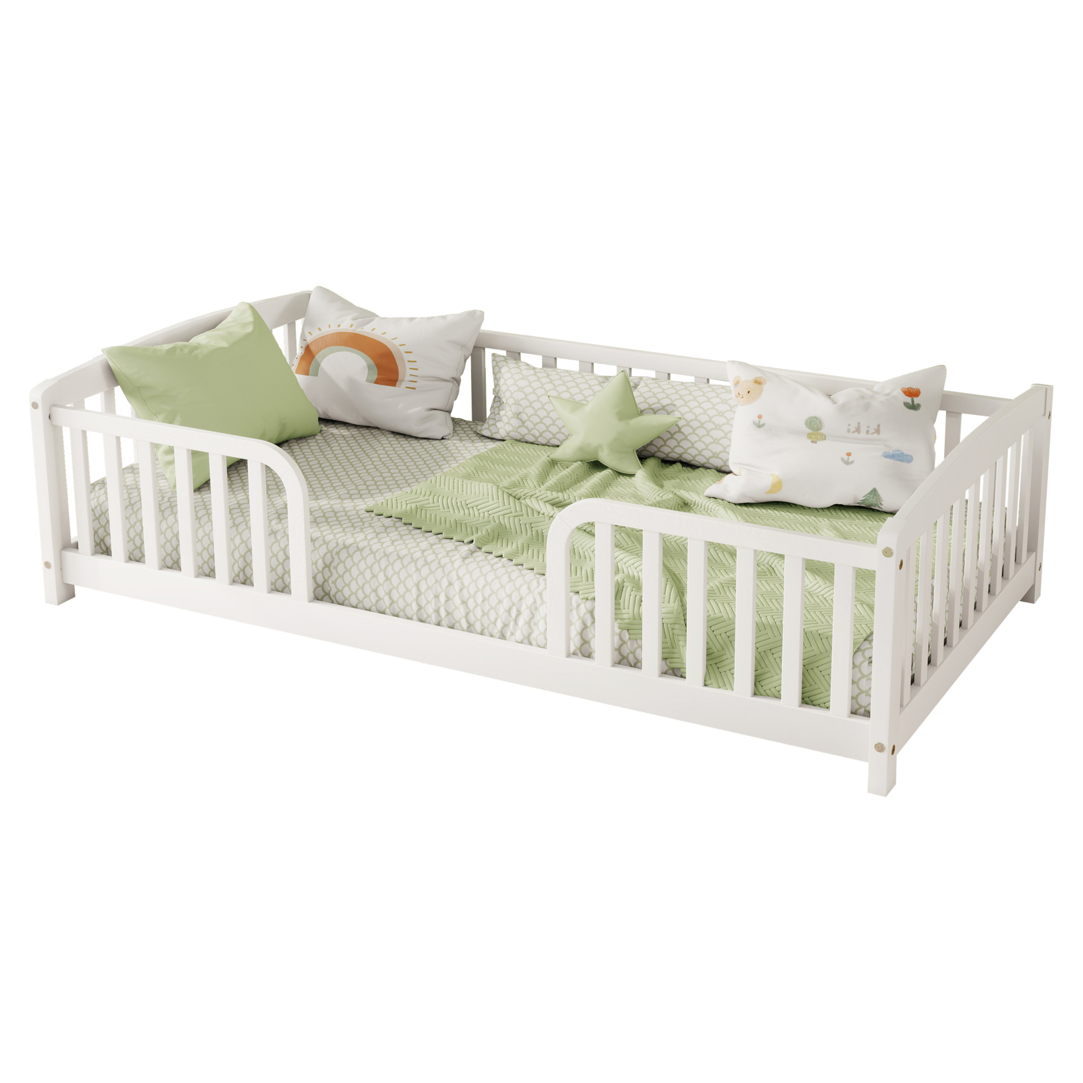 Noble House Norva Twin Size Floor Bed with Central Curved Entrance Guardrails, Pine Wood Bed Frame, White