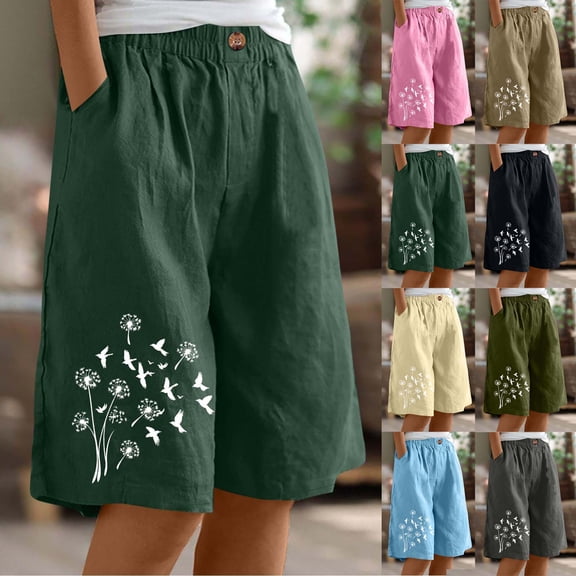 Cutuoiiu Athletic Shorts for Women Linen Shorts Casual Fit Flower Print Elastic Waist Knee Length Bermuda Shorts with Pockets for Summer and Daily Wear