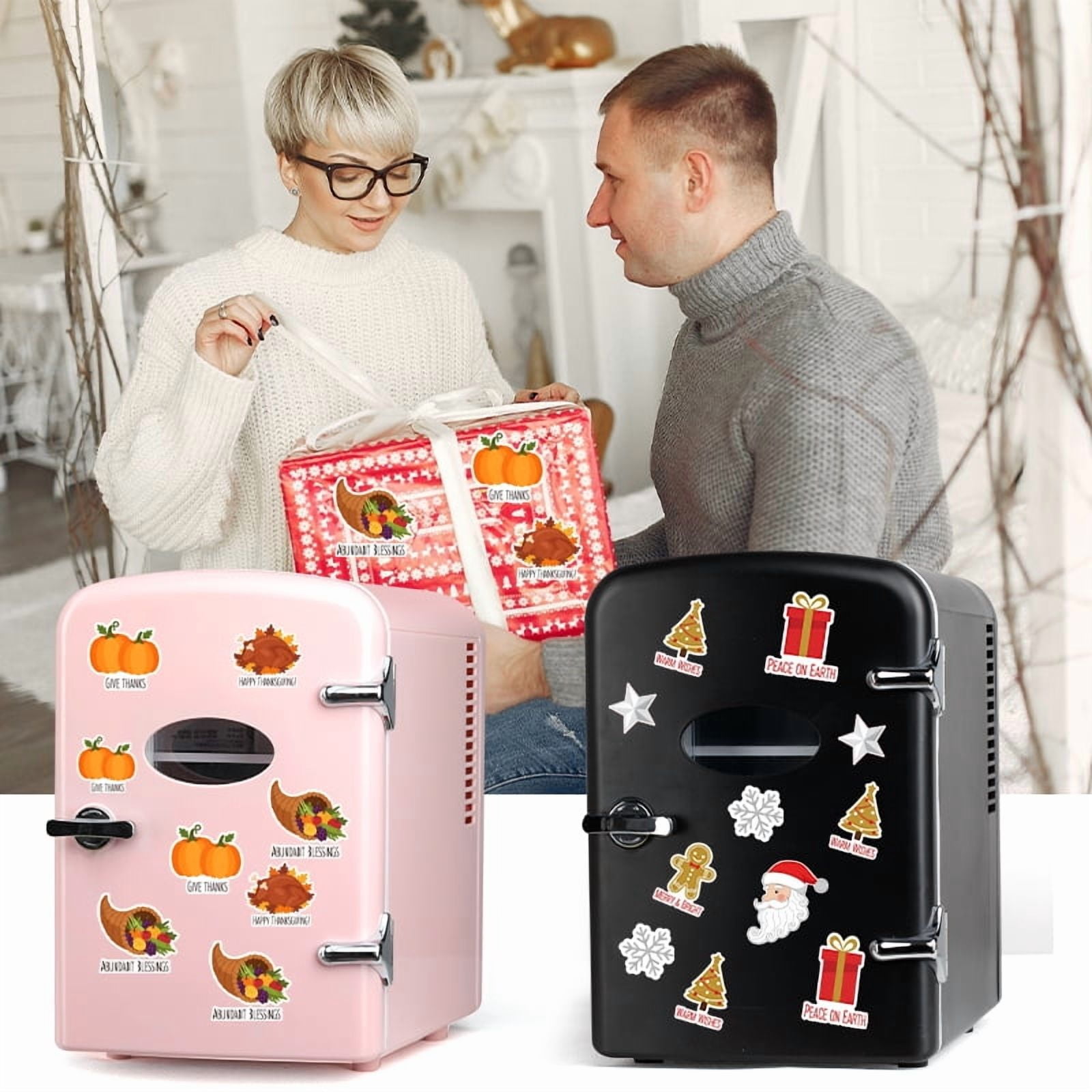 QUIOCOZY Black 4L/6 Can Mini Fridge - Portable Cooler & Warmer with Window, Freon-Free Aesthetic Fridge for Skincare/Beverage - Perfect Thanksgiving, Christmas & New Year Gift with Stickers