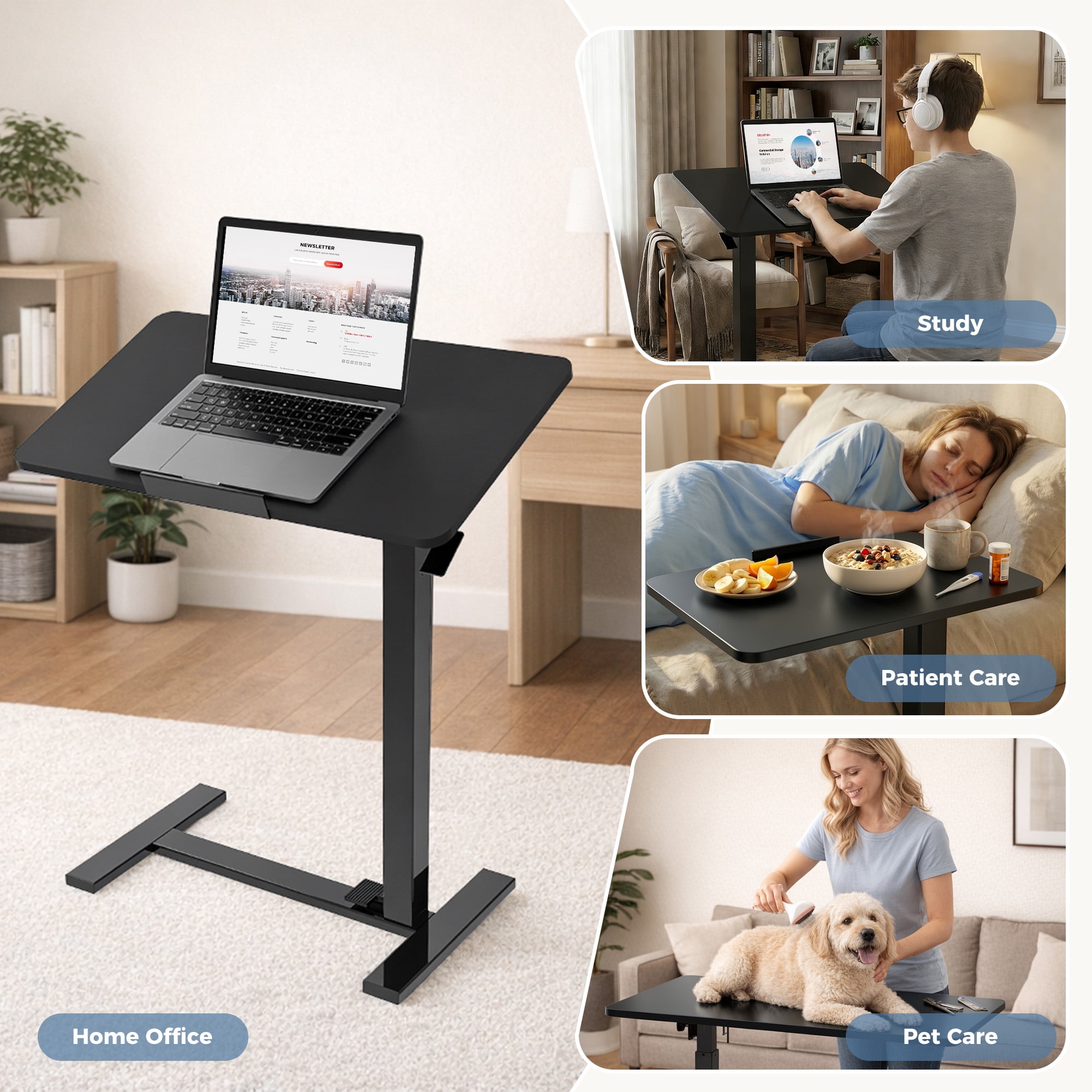 EDX Adjustable Overbed Table with Wheels, Rolling Laptop Bed Desk for Home Hospital Use, Height & Tilt Adjustable Mobile Table for Eating, Working, Reading， Black