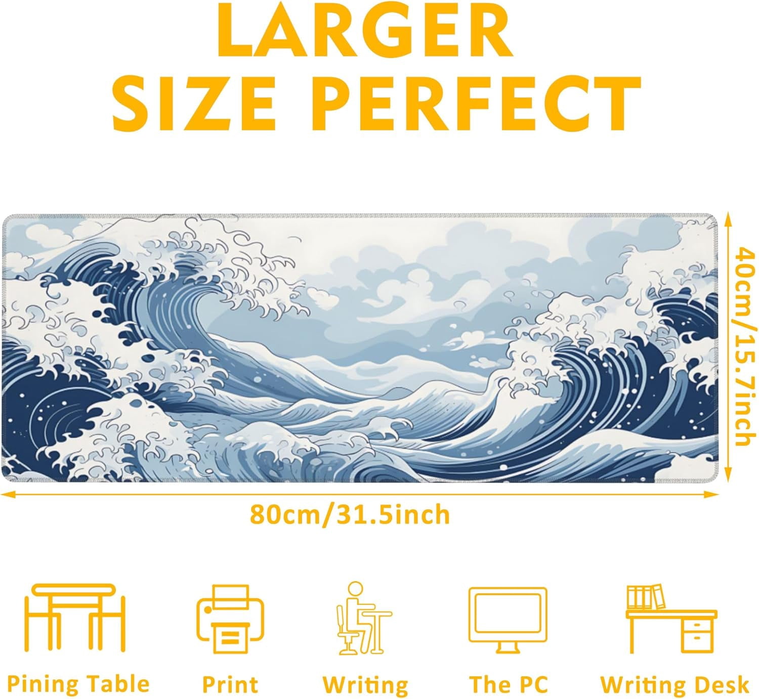 Mountain Gaming Mouse Pad,Japanese Blue and White Sea Wave Desk Mat,31.5"X15.7" Large Desk Pad with Stitched Edge Non-Slip Base Keyboard Big Mouse Pad for Office Home Work Gaming