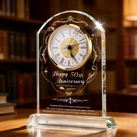 Vintage Gold Small Quartz Clock for 50th Wedding Anniversary, Silent Glass Decorative Table Clock for Couple, Perfect Gift for Husband and Wife