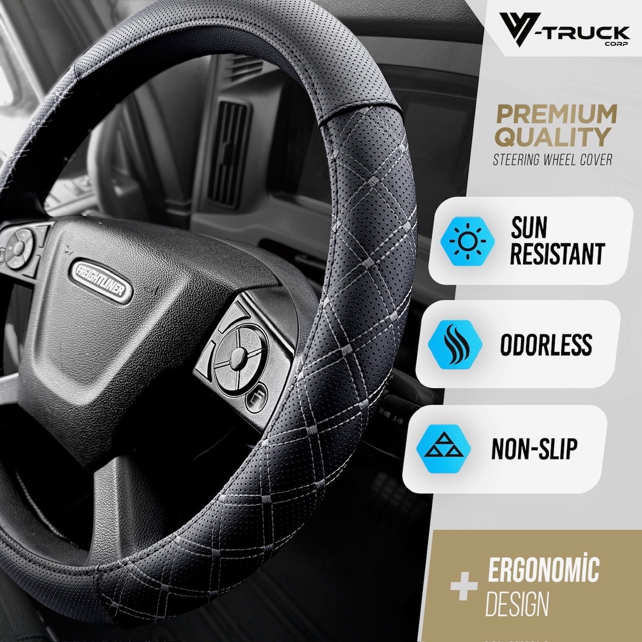 18" Truck Semi Steering Wheel Cover / Black Faux Leather / Black Stitching
