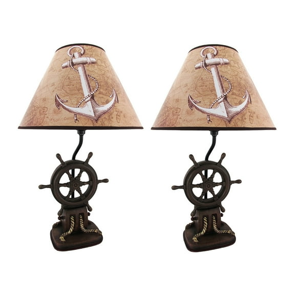 Zeckos Ships Wheel Nautical Boat Table Lamp with Anchor Shade Set of 2