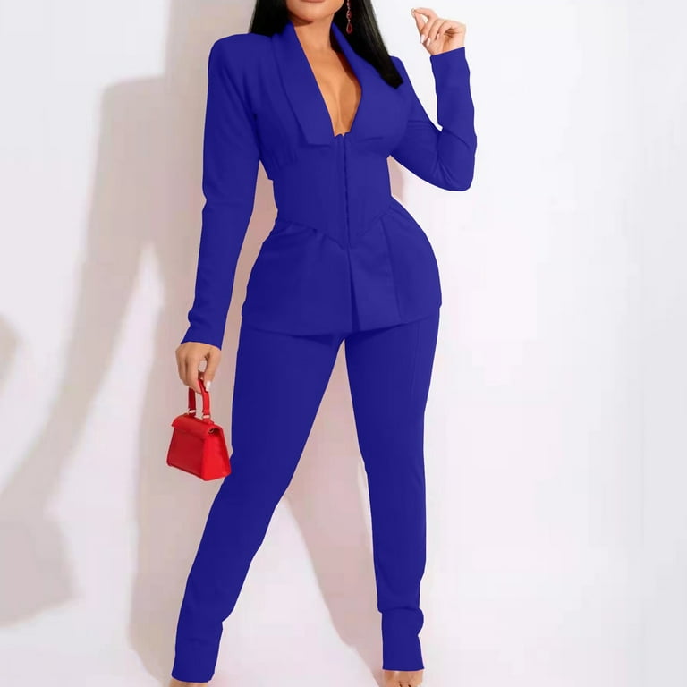 Noarlalf Two Piece Sets for Women Women's Fashion Waistband Suit Two-Piece  Set Slim Fit Lapel Top and Pants Set Blue XXL