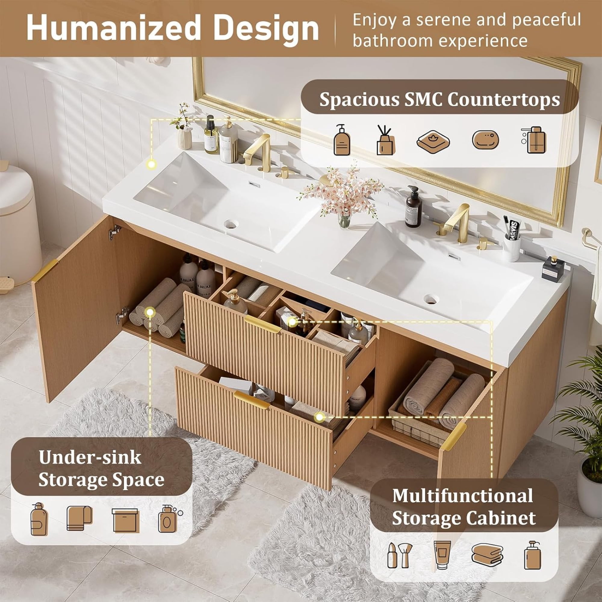 60" Bathroom Vanity with Sink Combo, Floating Double Sink Bathroom Vanity with 4 Drawer, MDF Storage Cabinet with SMC Resin Top, Wall-Mounted Bathroom Vanities (60''-Wood)