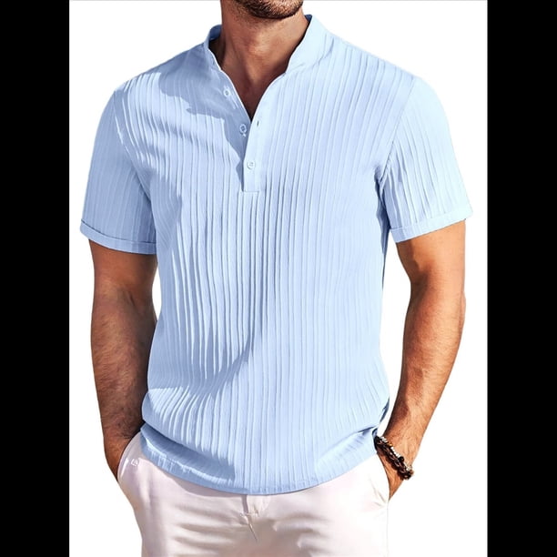 Camiseta Informal Henley de Corta con Cuello Mao para Hombre, Camiseta Texturizada de Playa para Verano. Azul XXL