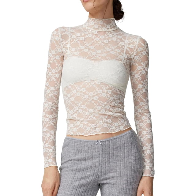 Blusa de encaje de manga larga y corte ajustado para mujer: elegantes detalles de encaje, versátil para combinar con otras prendas, tejido suave y transpirable. Tallas: S-XL.