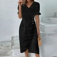 thumbnail image 2 of BLVB Dresses for Women 2025 Casual Spring Summer Trendy Wrap V Neck Short Sleeve Cotton Linen Dress Ruched Work Dress, 2 of 7