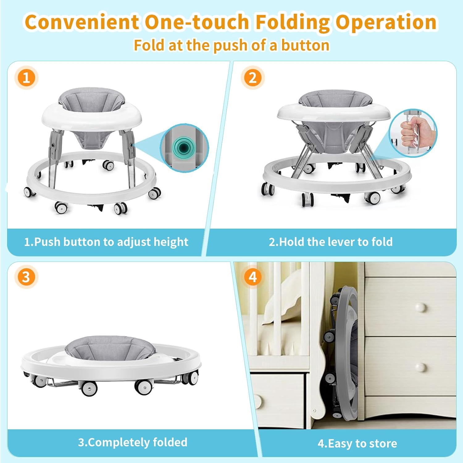 PRVAETU Foldable Baby Walker with Wheels,Height Adjustable,Large Dining Tray,Dust-Resistant Foot Pad,for 6-18 Months Infant,Grey