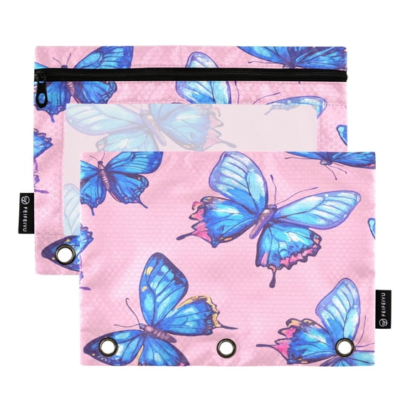 2 Pack 3 Ring Binder Pouch with Clear PVC Window Water Resistant Zipper Pencil Pouch Blue Butterfly on Pink Binder Pocket for Classroom Office Home Stationery Organization