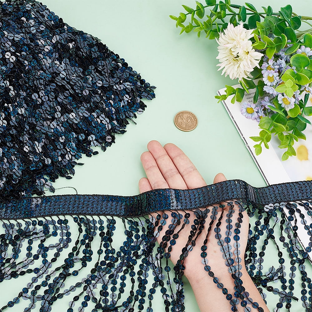 10 Yards Sequins Fringe Trim 6.25 Inch Black Sequin Tassel Sewing Fringe Trim Long Glitter Lace Tassel Fringe for DIY Craft Latin Dress Shawls