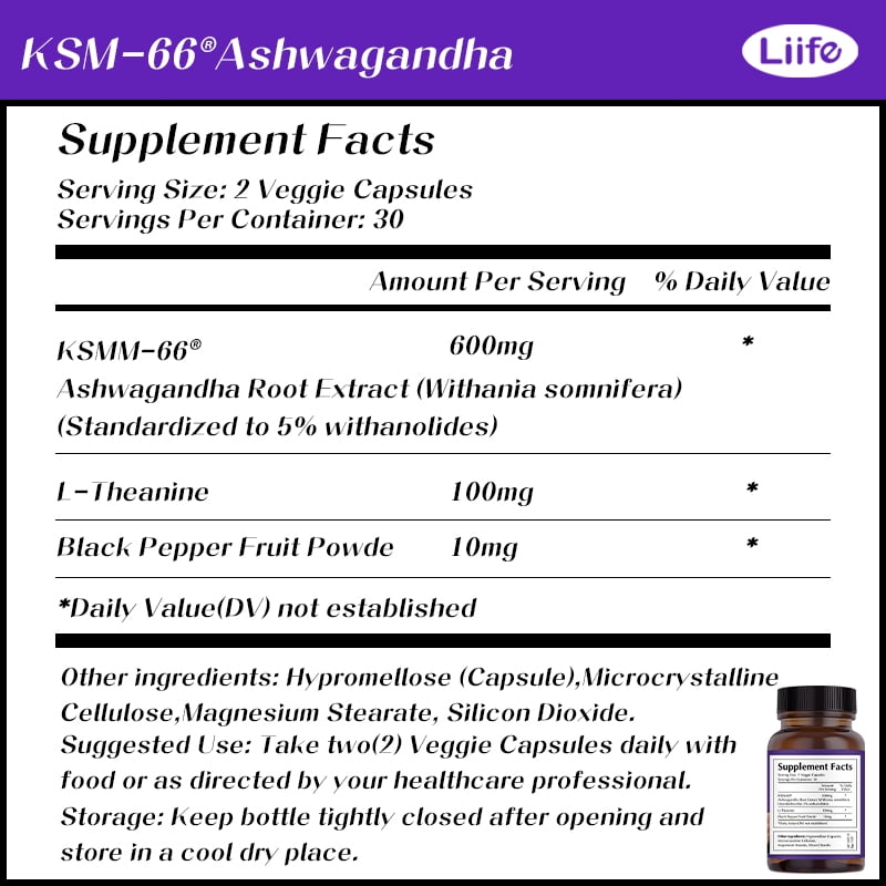 Liife KSM-66 Ashwagandha 600mg | with L-Theanine &Black Pepper| 60 Veggie Capsules | Calm,Support Restful Sleep, Relaxation, Energy, & Brain Health