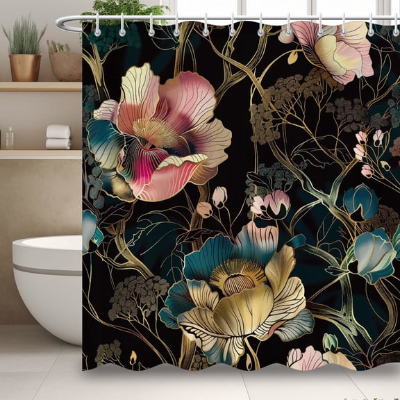 Modern Minimalist Style Shower Curtain, Black and Gold Floral Waterproof Shower Curtain, Simple Bathroom Decor with 12 Hooks