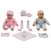 Dream Collection: 14" Twins Baby Doll Set - Grey & Pink, Rainbow & Star Designs, 2 Doll Set, Plush Unicorn, Pacifier, Bib, Magic Bottle, Bibs, Kids 2+