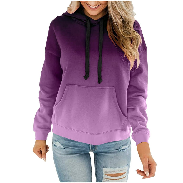Yyeselk Women's Casual Color Block Hoodies Long Sleeve Pullover Tops Loose  Lightweight Sweatshirt with Pocket Drawstring Hoodie Hooded Blouse Shirt  Purple#02 XXL 