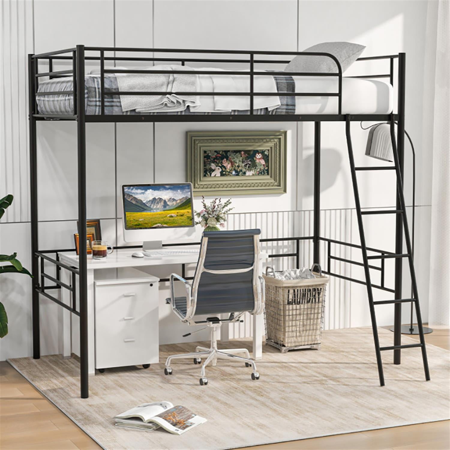 Demi Bonn Twin Metal Loft Bed Frame with Ladder and Metal Slats Support, Twin, Black
