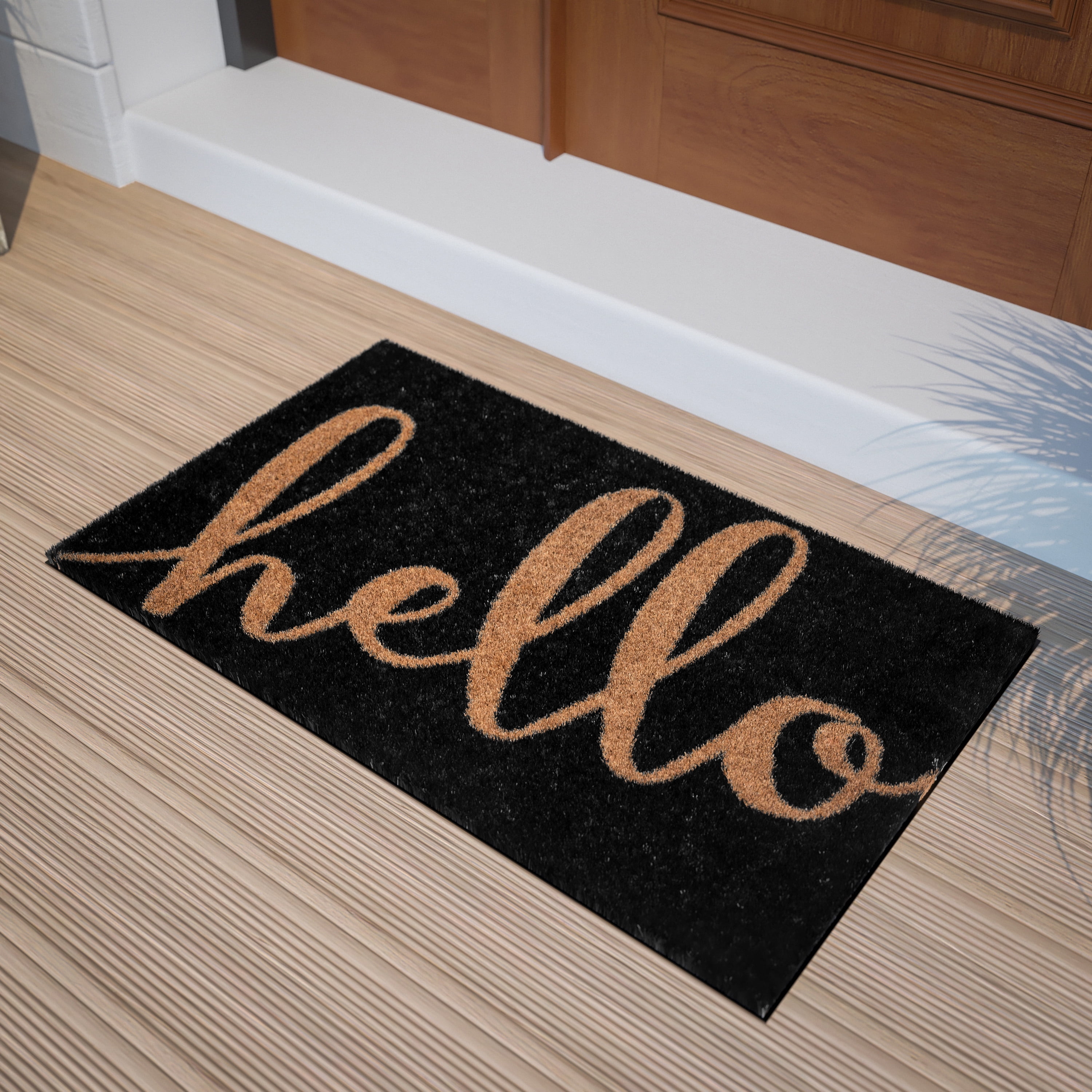 BizChair 18" x 30" Indoor/Outdoor Black Coir Doormat with Natural Hello