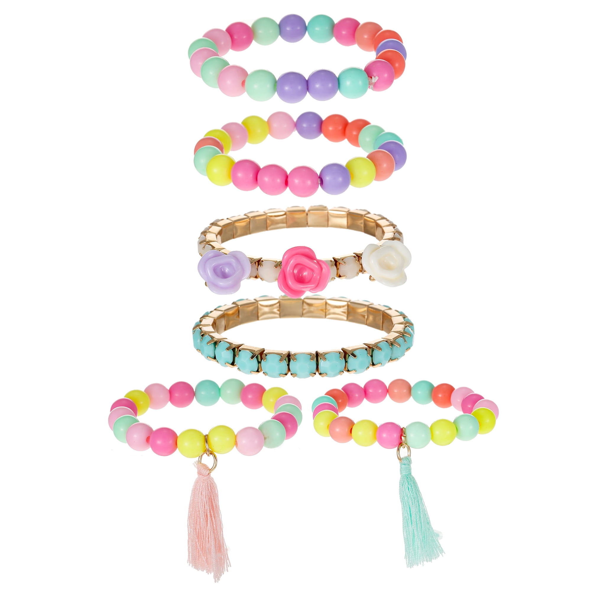Wonder Nation Charm & Tassel Stretch Bracelets, Multi-Color Pastel, 6 Pieces