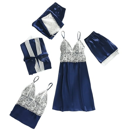 50% off Clear! HAPIMO Discount 4 Piece Pajamas Set for Women Silk Lace Robes Plush Fleece Sleepwear Soft Warm Bathrobe Housecoat Pajamas Dress Babydoll Nightgown Blue L