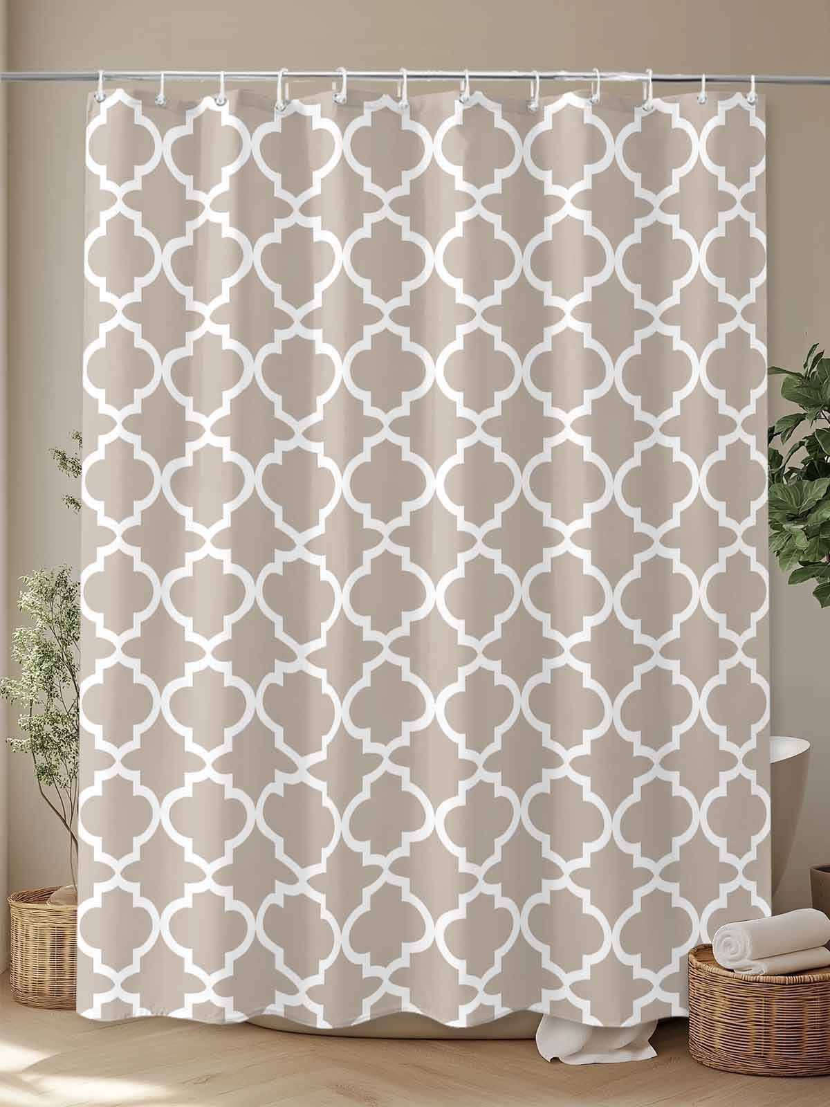 Beige White Geometric Shower Curtain, Minimalist Morocco Pattern Bathroom Decor Curtains Set with Hooks, Waterproof Fabric Home Accessories， 72 X 72 Inch Long