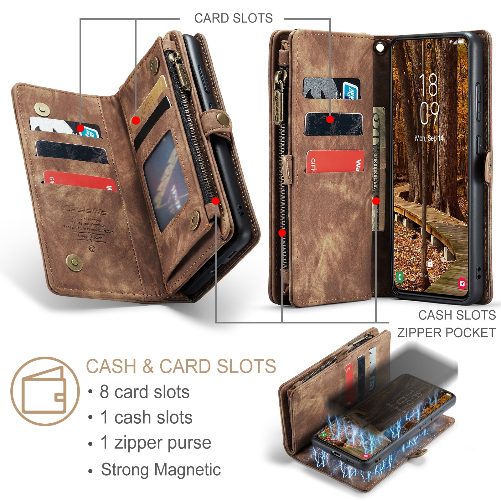 Allytech Magnetic Detachable Wallet Case for Samsung Galaxy A16 5G with Card Slots & Zipper Pocket, Support Wireless Charging, PU Leather Wrist Strap Shockproof Full Protection Flip Case, Darkbrown