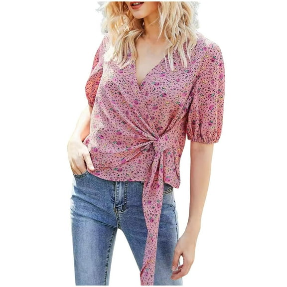 Tie Front Tops for Women, 2025 Summer Fashion Floral Print Wrap V Neck Cropped Cute Blouses Shirts (XL, Pink)