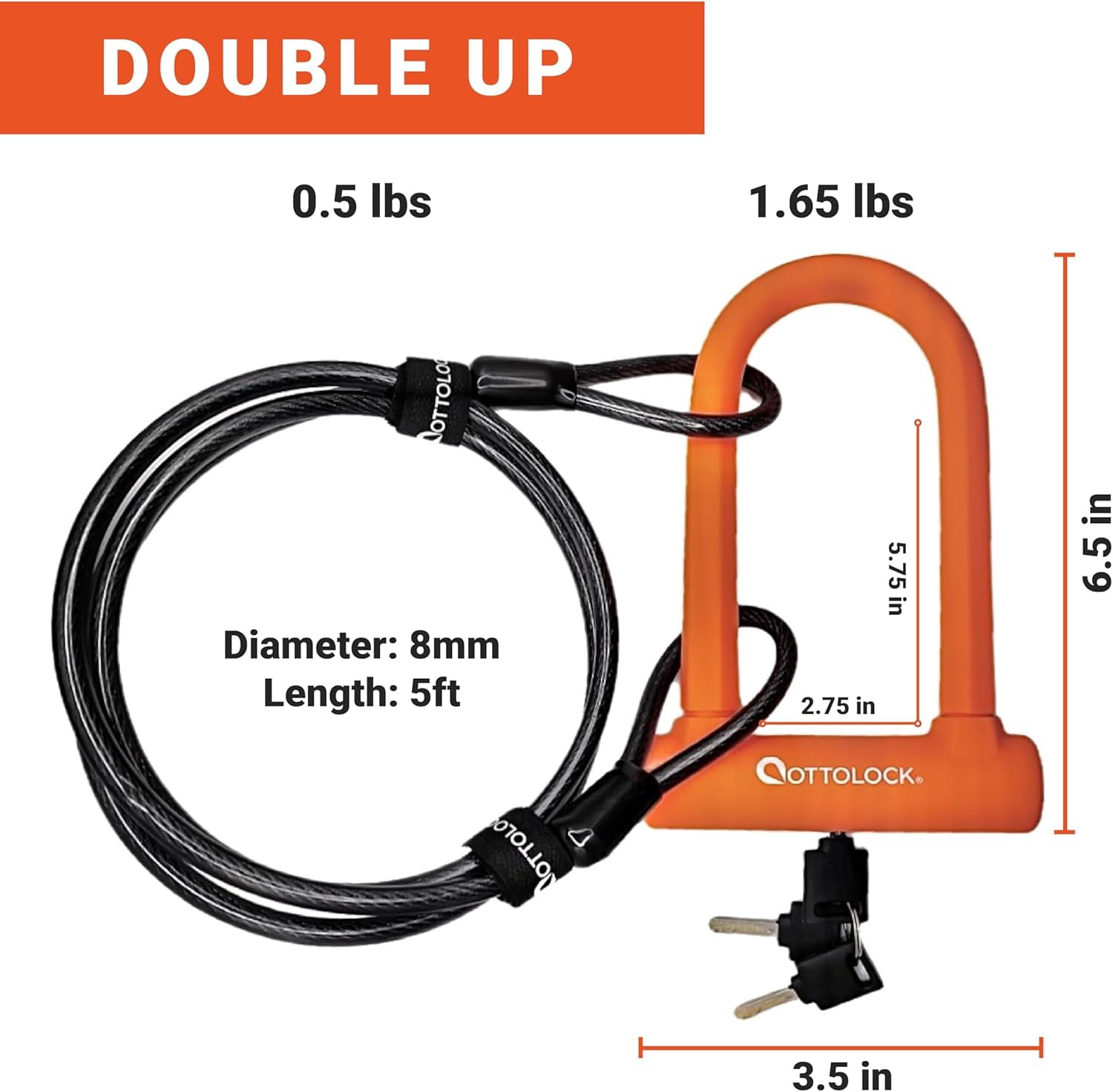 Compact U-Lock and Cable Bundle - Heavy Duty Anti Theft Bicycle U-Lock with Keys, Silicone-Coated, Bike Accessories, Orange