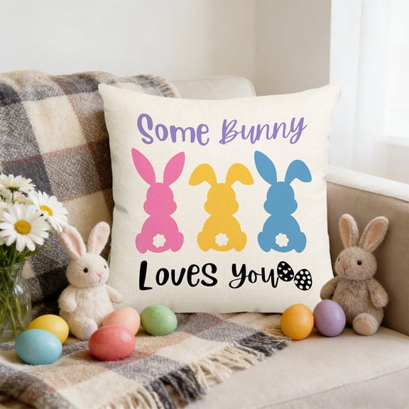 LHNFt Spring Easter Pillow Covers 18x18 Inch, Cute Bunny Rabbit Floral Easter Decorations Watercolor Pink Flower Butterfly Decorative Throw Pillow Cases Outdoor Farmhouse Decor for Sofa Couch Bed