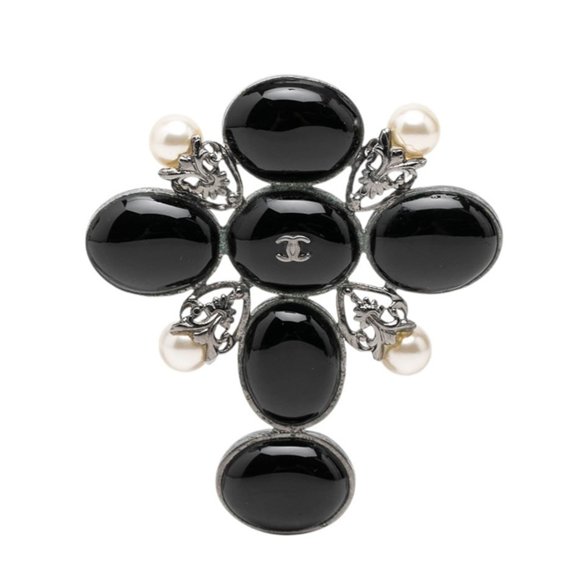 Pre-Owned Chanel Coco Mark Brooch, 03A stamp, Black Silver Metal, Faux Pearl, Resin, Women's...