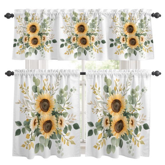 Summer Sunflower Kitchen Curtains and Valances Set, Retro Yellow Floral Plant 3 Piece Curtains Valances and Tiers Set Rod Pocket for Kitchen Bathroom Windows 36 Inch