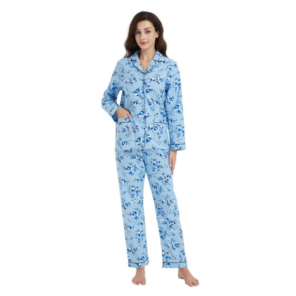 Apparonia Conjuntos de Piyamas Mujer 100% Algodón Francela Flor Azul Cielo M