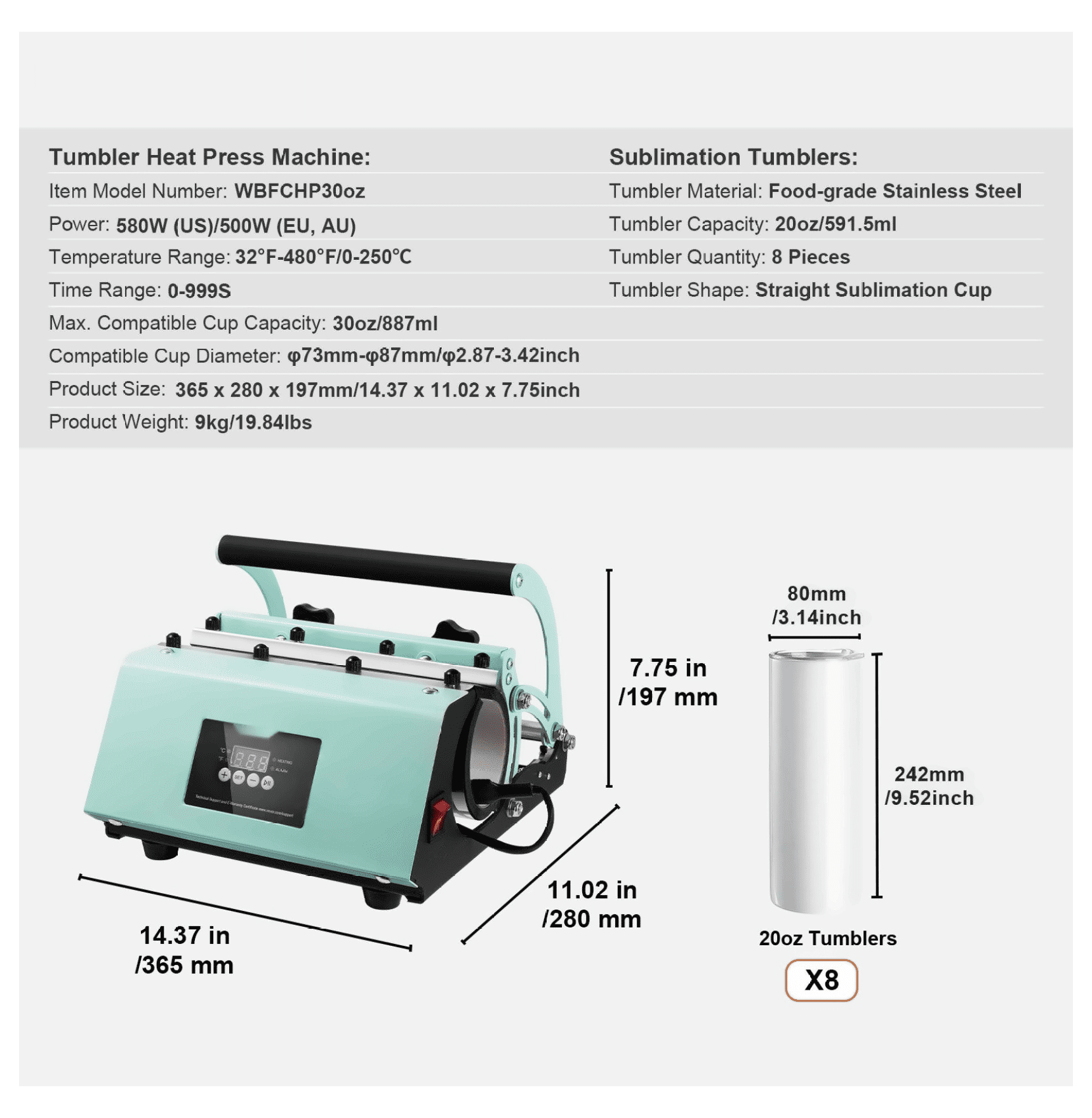 Tumbler Heat Press Machine & 20oz Sublimation Tumblers Set - 11-30oz Cup Press for DIY Mugs, with Transfer Paper, Gloves & Tape
