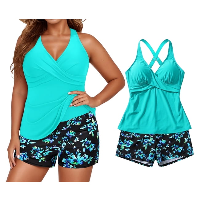 Women Plus Size Tankini Swimsuit - Full Coverage Two Piece Bathing Suit V Neck Tankini Top Swim Shorts with Pockets