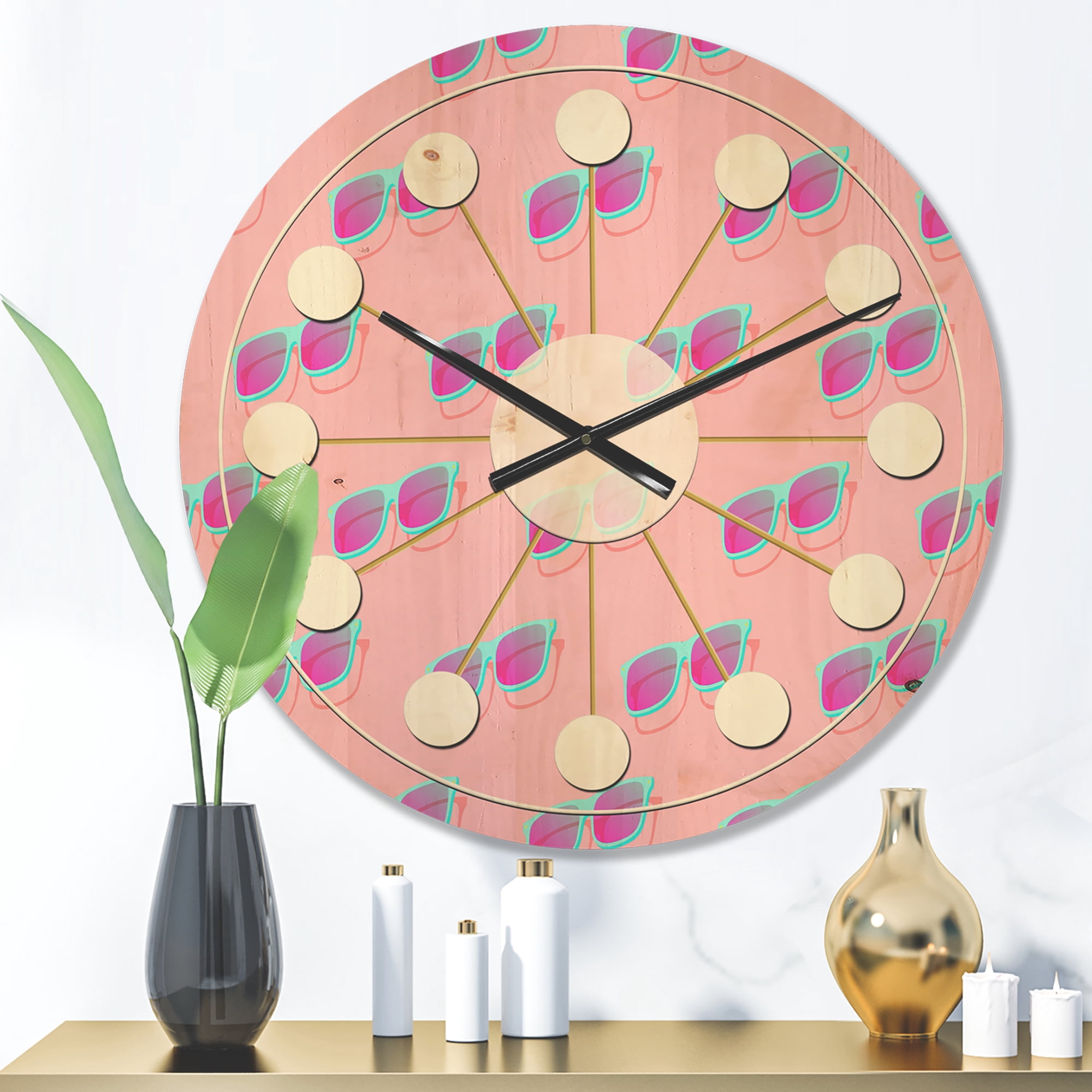 Designart 'Pink Fashion Abstract Retro Pattern I' Mid-Century Modern Wood Wall Clock