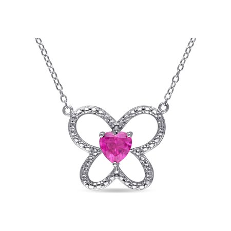 Lab Created Ruby Heart - 1.00 Carat (ctw) Lab Created Ruby Butterfly Heart Pendant Necklace in Sterling Silver with Chain