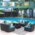 thumbnail image 4 of RADIATA 7-Piece Patio Furniture Set with Fire Pit Table – Modern Luxury 29.3'' High Back Patio Furniture Sectional, Outdoor Sectional with Fire Pit for Backyard Conversation & Lounge Aqua Cushion, 4 of 10