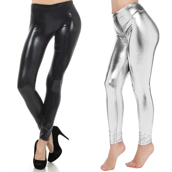 COMVALUE Womens Basic Faux Leather Leggings Stretch Leggings (Silver, S)