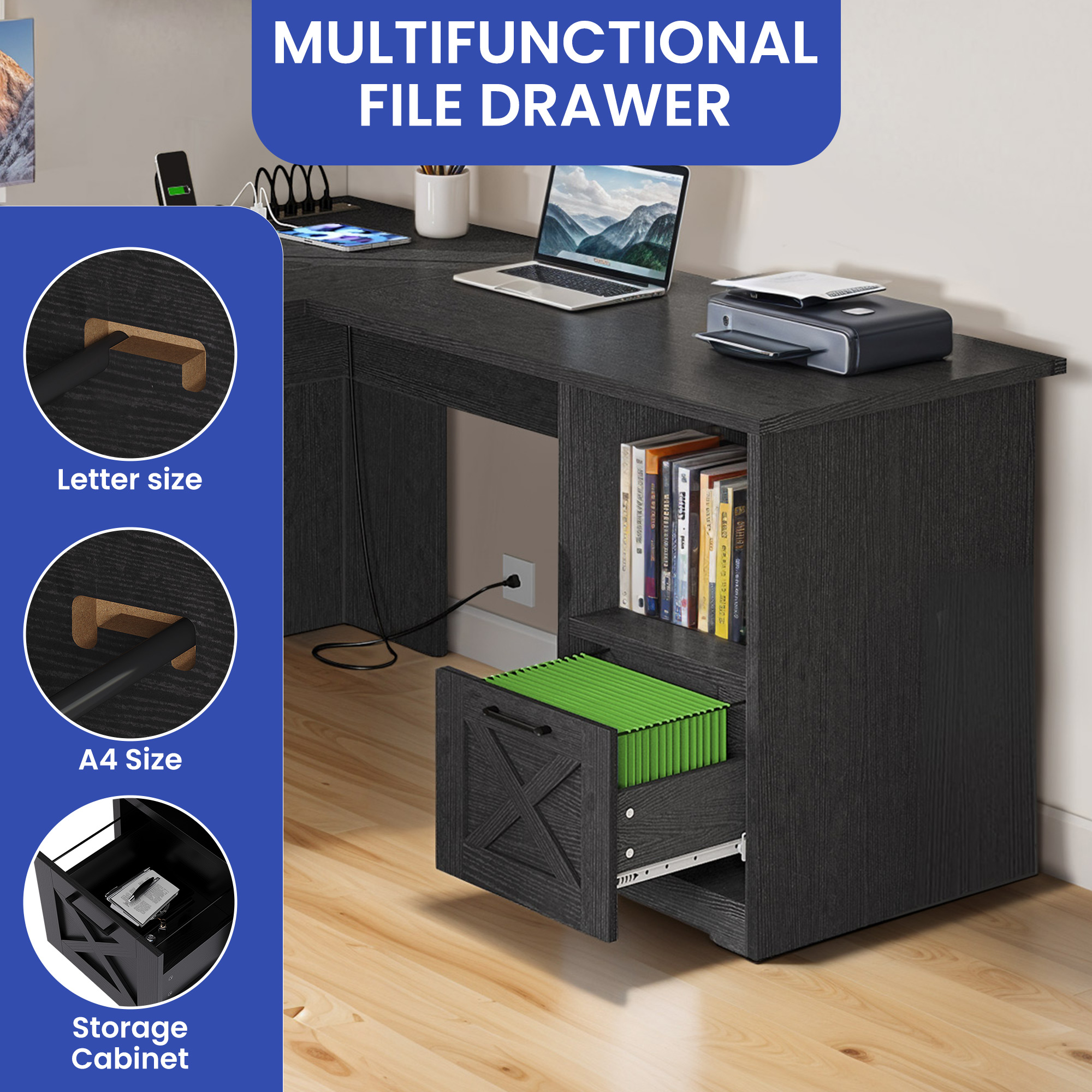 ModFusion 59 Inch L Shaped Corner Computer Desk with Power Outlets & USB Ports, Office Desk with File Drawer, Monitor Stand & Storage Shelves, Black