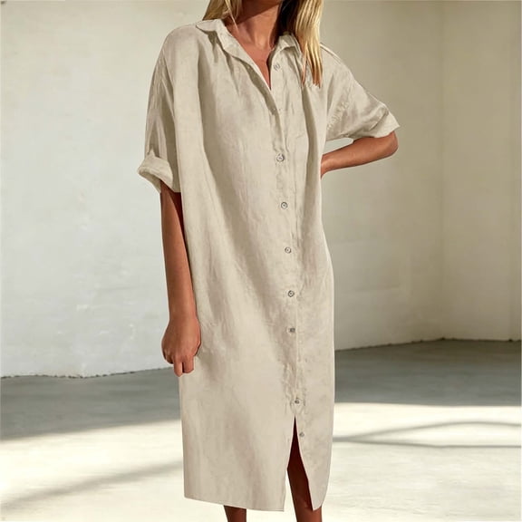 Shirt Dresses For Women Button Down Shirt Dress Roll Sleeve Notch Collar Loose Dress Womens Casual Linen Dress Maxi Dresses For Women