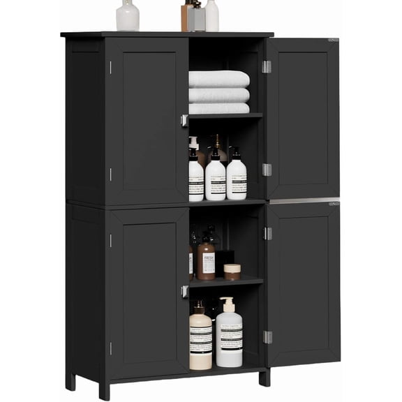 Freestanding Bathroom Storage Cabinet with Adjustable Shelves, 4-Door Wooden Floor Cabinet for Bathroom, Kitchen, or Living Room (Black)