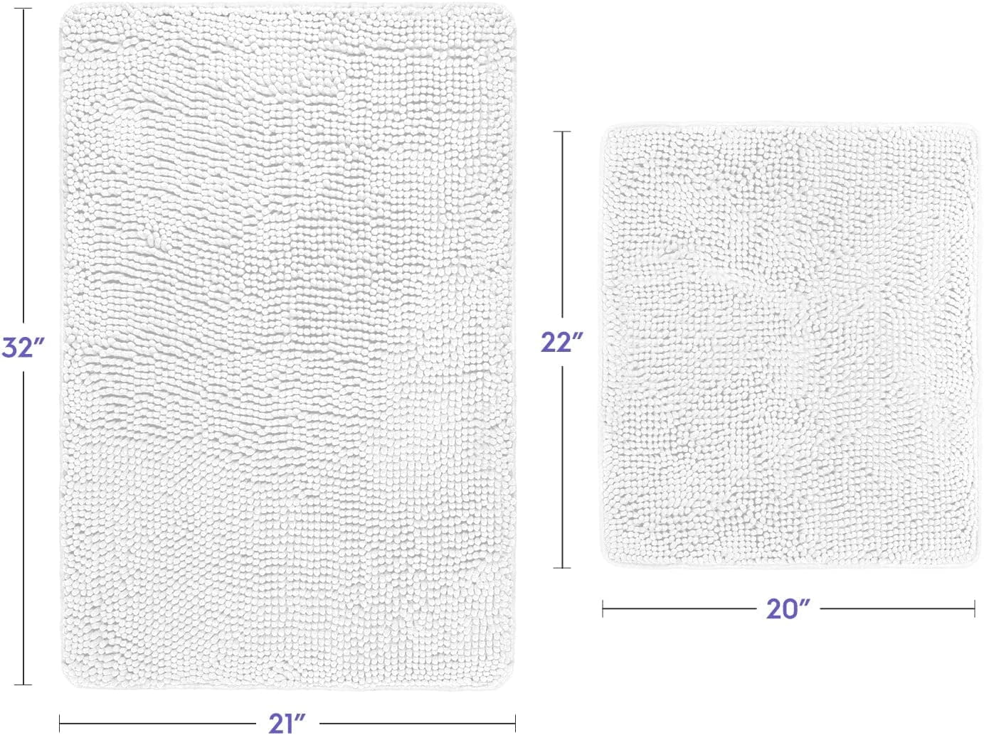 Bathroom Rugs, Extra-Thick Memory Foam Bath Mat, Ultra-Soft Chenille Microfiber, Highly Absorbent, Machine Washable, Shaggy Bath Mats for Bathroom, Non-Slip (21x32 + 20x22, 2pcs) White