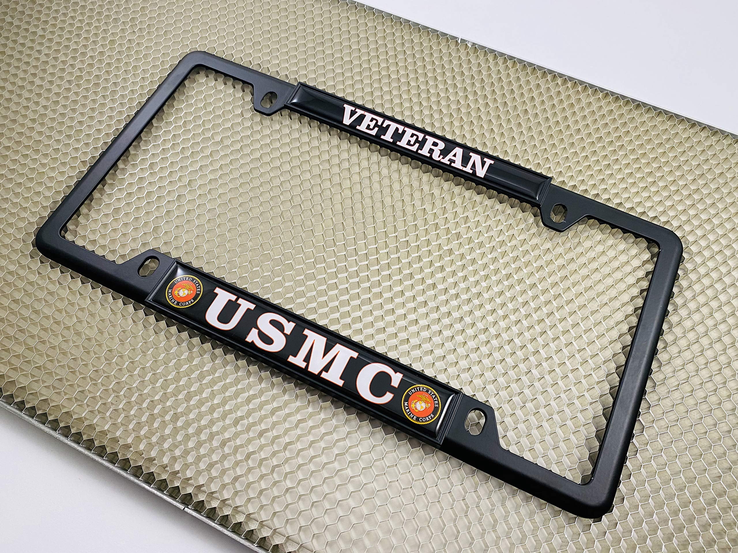 [Officially Licensed US Marine Corps Product] - USMC Veteran - Domed Custom-Made Personalized Narrow (Thin) Top 4 Hole Metal Car License Plate Frame with Free caps - Black Frame (Qty: 1)