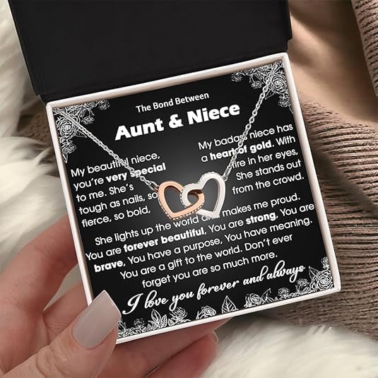 To My Niece Necklace From Aunt, Aunt and Niece Necklace, Interlocking Heart Necklace For Niece From Aunts, Gifts For Her On Christmas With Message Card and Gift Box