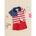 thumbnail image 3 of Musuos Toddler Boy 4th of July Outfits, 6 12 18 24M  3 4Y Star Striped Print Button Down Short Sleeve Lapel Shirt Elastic Waist Shorts Set, 3 of 9