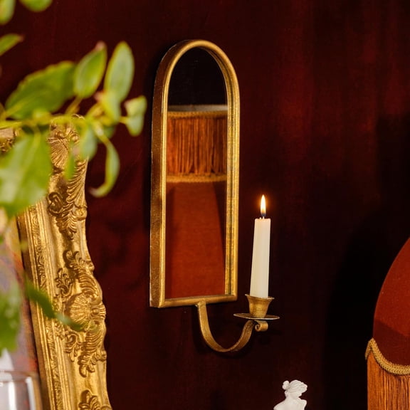 Mirrored Wall Candle Holder - Gold Antique Wall Sconces for Taper Candle - Elegant Metal Hanging Candlestick Wall Decor for Living Room, Bathroom, Dining Room and Office