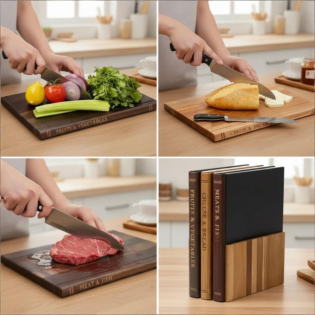Book Cutting Board Set with Stand - Wooden Library Shaped Chopping Boards That Look Like Books, Labeled Meat, Fish, Cheese & Bread, Fruits & Vegetables, Decorative Kitchen Cutting Boards