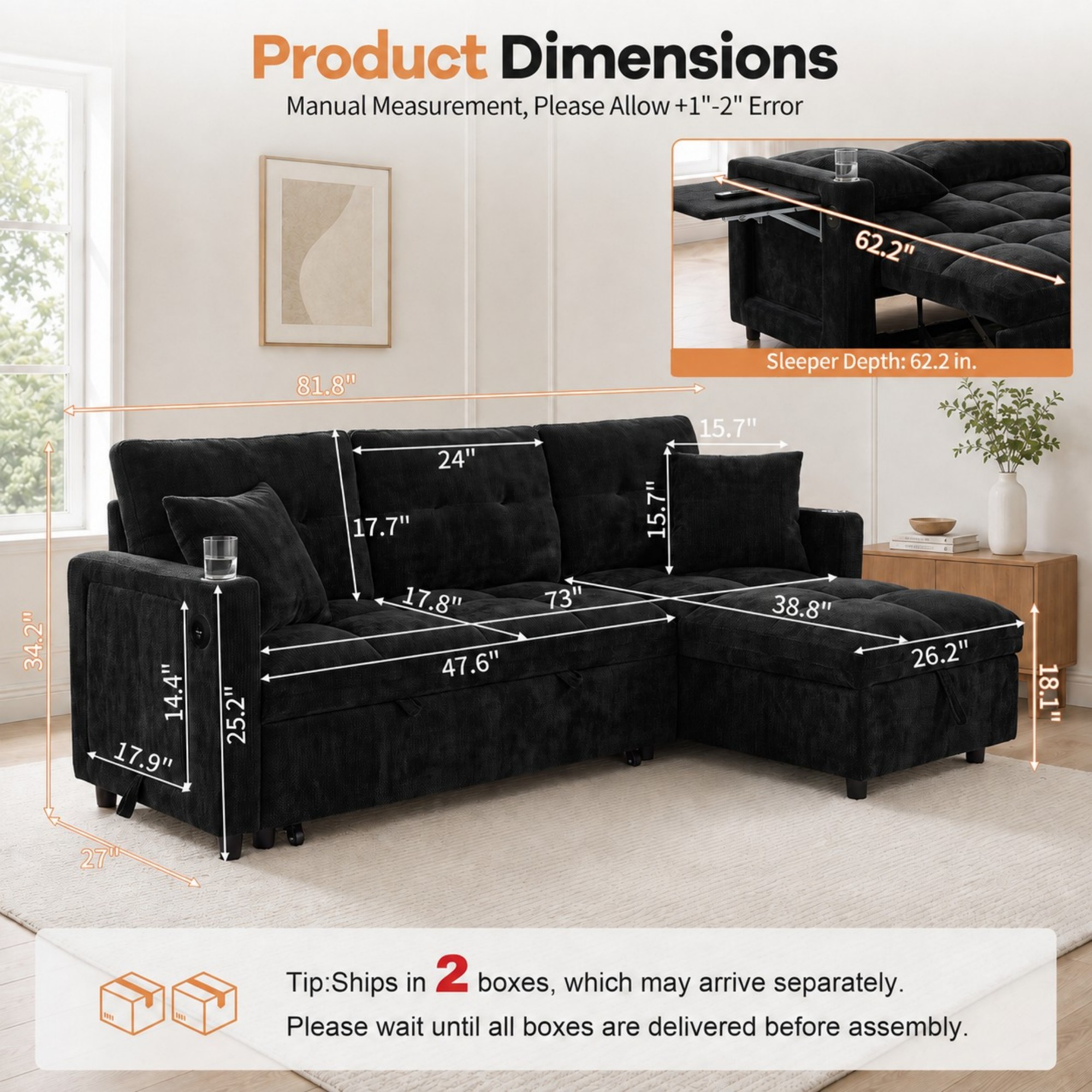 DEALTOPS 82" Chenille L-Shaped Pull-Out Sleeper Sofa Bed, Reversible Storage Chaise & Tray Table, Black