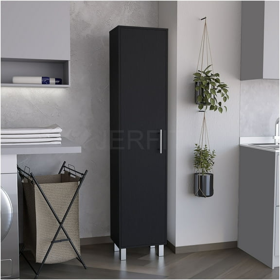 JERFIT 70 Inch Tall Broom Cabinet with Shelves, Freestanding Storage Closet Organizer with Hangers for Kitchen, Bathroom, Hallway, Black